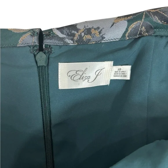 Eliza J Off the Shoulder Emerald Green Brocade Floral Belted Dress Sz 10 - Picture 11 of 16